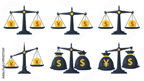 Collection of six balance scales compares different values of yen and dollar coins along with bags of money for financial analysis.