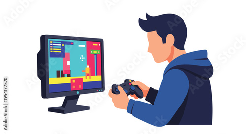 A young male figure in a blue hoodie is sitting and playing a pixelated video game on a flat-screen monitor with a controller on a white background.