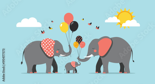 Two large adult elephants and one baby elephant walk together in a sunny landscape with balloons, birds, and white clouds.
