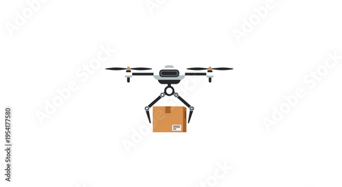 A sleek, modern drone with multiple propellers is flying and carrying a brown cardboard package with its robotic claws against a stark white background.