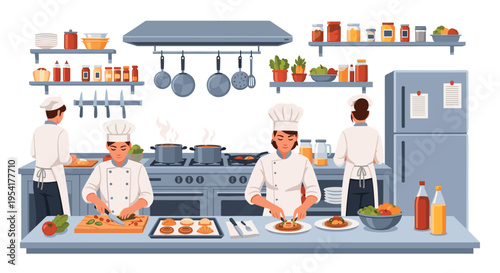 Multiple chefs in white uniforms are diligently working in a busy, well-equipped professional kitchen.