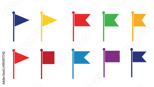 Collection of ten small pennant and rectangular flags in various bright colors is arranged for decoration, markers, or celebratory events.