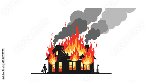 Silhouette of a person carrying a briefcase walks away from a burning house engulfed in massive flames and thick dark smoke.