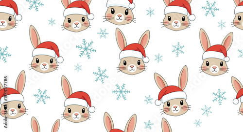 Festive seamless pattern displays cute brown bunny heads wearing red Santa hats surrounded by light blue snowflakes.