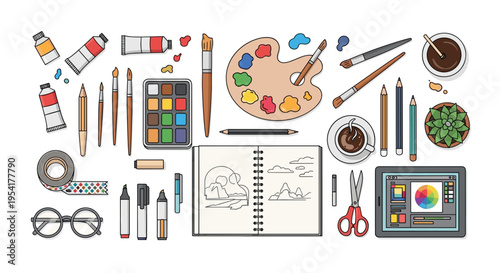 A flat lay arrangement displays various art and design supplies, including paints, brushes, and a sketchbook, on a white surface.