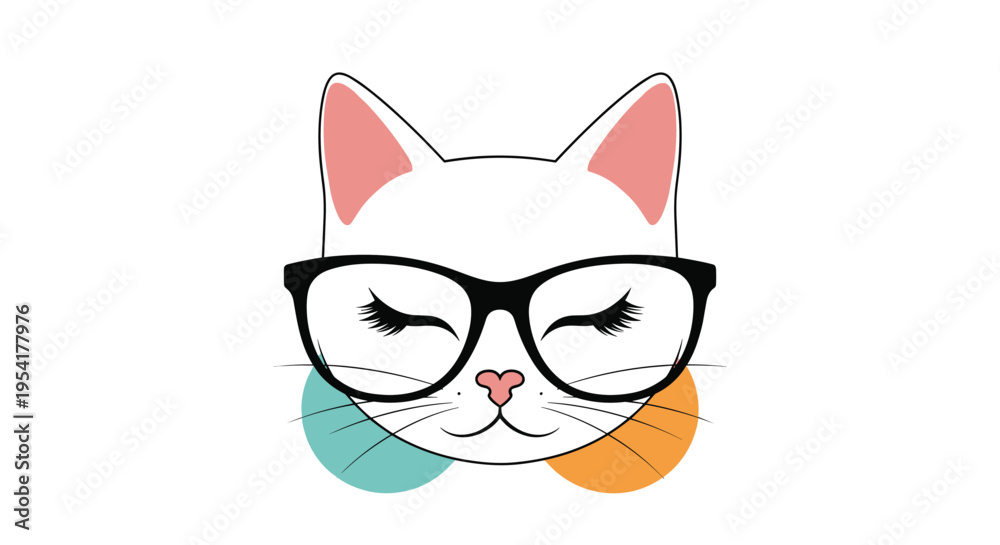 Obraz premium White cat face wearing thick black glasses and long eyelashes is framed by a blue and an orange circle on a white backdrop.