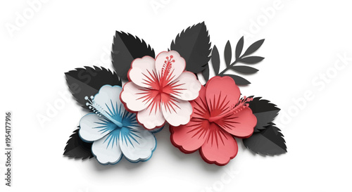 Colorful paper cutout hibiscus flowers arrangement.