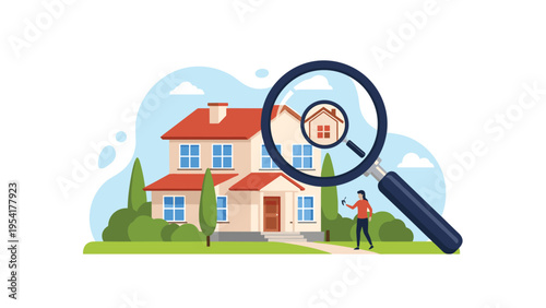 Professional real estate search and house inspection concept featuring a magnifying glass focused on a home and a woman standing in front.