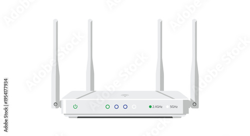 A white Wi-Fi router with four antennas and indicator lights is positioned against a white background.