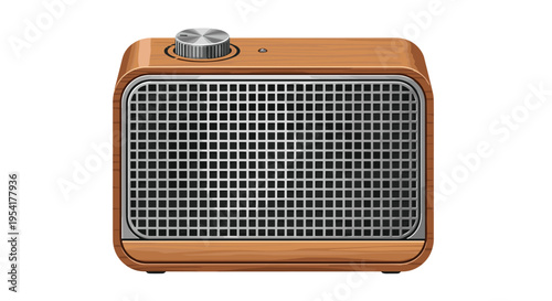 A retro wooden radio with a silver speaker grille and a control knob sits against a white background.