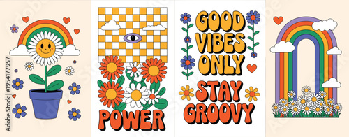 Retro groovy floral and rainbow designs with positive slogans
