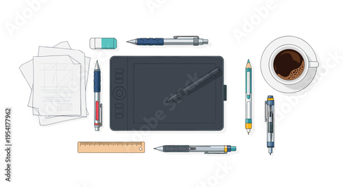 Various design tools including a graphic tablet, pens, and a coffee cup are arranged on a white surface.