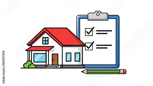 Real estate assessment and house inspection concept showing a suburban home next to a clipboard with checkmarks and a green graphite pencil.