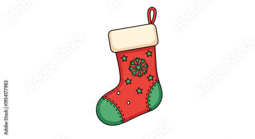 Red and green Christmas stocking decorated with a snowflake and stars hangs ready for holiday treats and small gifts.