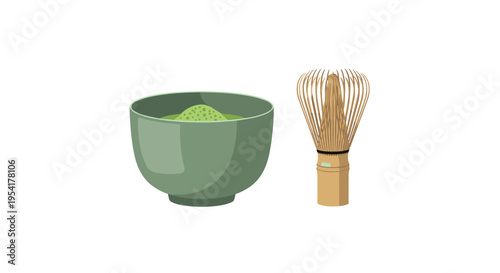 A teal bowl containing green matcha powder is placed next to a traditional bamboo whisk on a pristine white background.