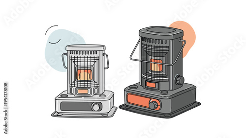 Two different models of traditional portable kerosene space heaters used for indoor heating during cold winter months.