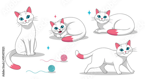 Set of white kittens with blue eyes and pink tail tips are shown in various playful poses like sitting, walking, and lying.