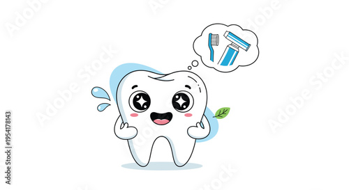 Happy tooth character with sparkling eyes dreams of oral hygiene tools like a toothbrush and toothpaste in a cloud bubble.