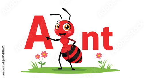 Red ant character stands in a field of flowers pointing towards the letter A in this educational insect illustration.