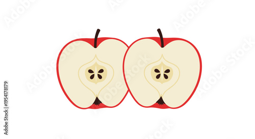 Two halves of a red apple, revealing white flesh and black seeds, are placed side-by-side on a white background.