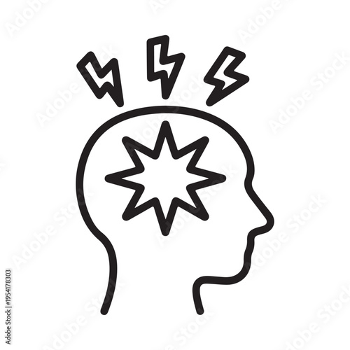 Headache Icon With Lightning Bolts Symbolizing Pain and Stress Simple Line Art