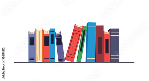 A row of ten colorful books with varying heights stands on a dark gray shelf against a white background.