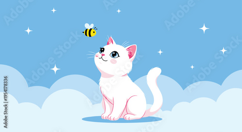 Cute white kitten with large blue eyes looks up at a small buzzing bee while sitting on soft white clouds in a blue sky.