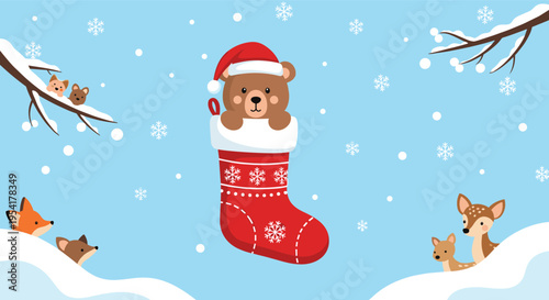 Brown bear wearing a Santa hat peeks out of a red Christmas stocking in a snowy forest with foxes and deer in the snow.