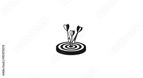 A black and white target board with three darts in the bullseye is centrally located on a clean white background.