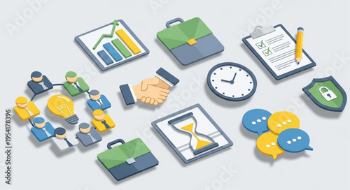 Business icons representing finance strategy and teamwork concepts.