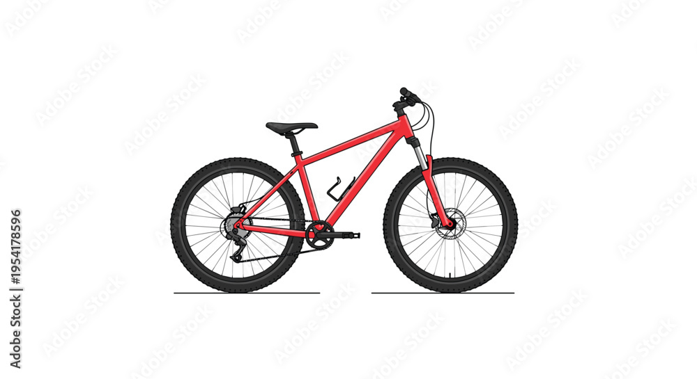 Fototapeta premium A red mountain bike with black tires is parked on a white background.