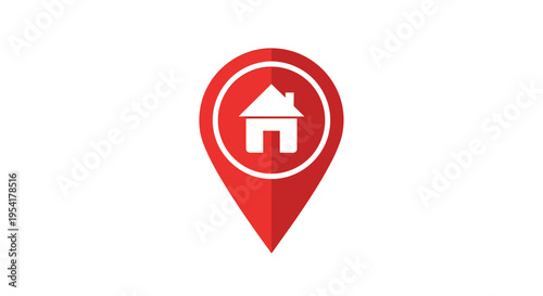 A red map pointer icon with a white house silhouette is centered on a white background.