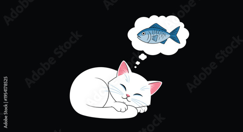 White cat is fast asleep while dreaming of a blue fish in a thought bubble against a solid black background context.