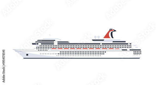 A large white cruise ship with a red and black funnel is shown in side profile on a white background.