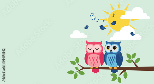 Pair of colorful owls, one pink and one blue, sit together on a tree branch under a bright yellow sun and blue birds.