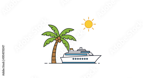 A cruise ship sails past a palm tree under a bright sun on a white background.