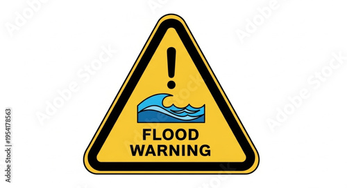 Flood warning sign with waves and exclamation mark.