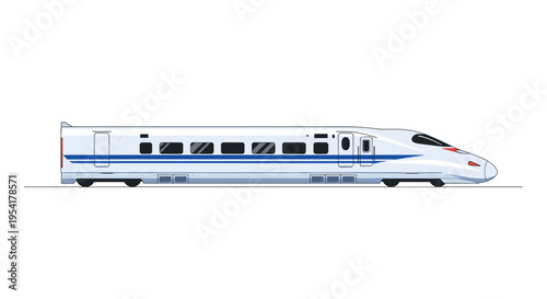A white high-speed train with blue stripes is shown in profile on a white background.