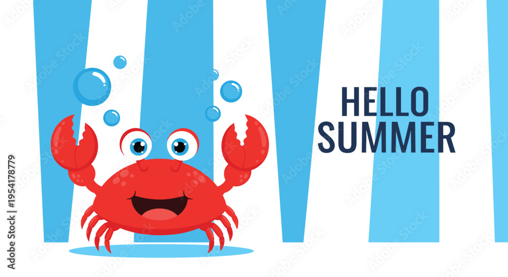 Naklejka premium Happy red cartoon crab character with big eyes waving its claws next to hello summer text on a blue and white striped background.