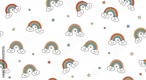 Rainbow pattern with smiling clouds and colorful stars is repeated across a clean white background for a kid design.