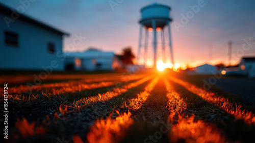 White water tower above rural landscape at sunset with winding reflective stream and mountains