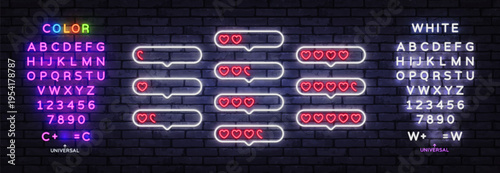 Neon heart rating icons inside chat bubbles with glowing effect. Bright symbols showing feedback levels in romantic style on dark brick wall background