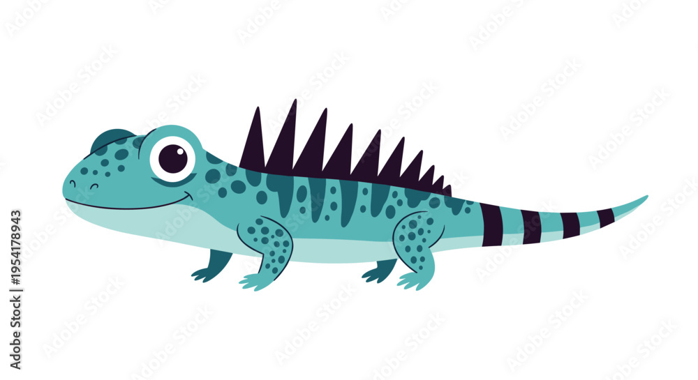 Obraz premium Friendly turquoise lizard or iguana character with dark purple spikes and spots walking on a plain white background.