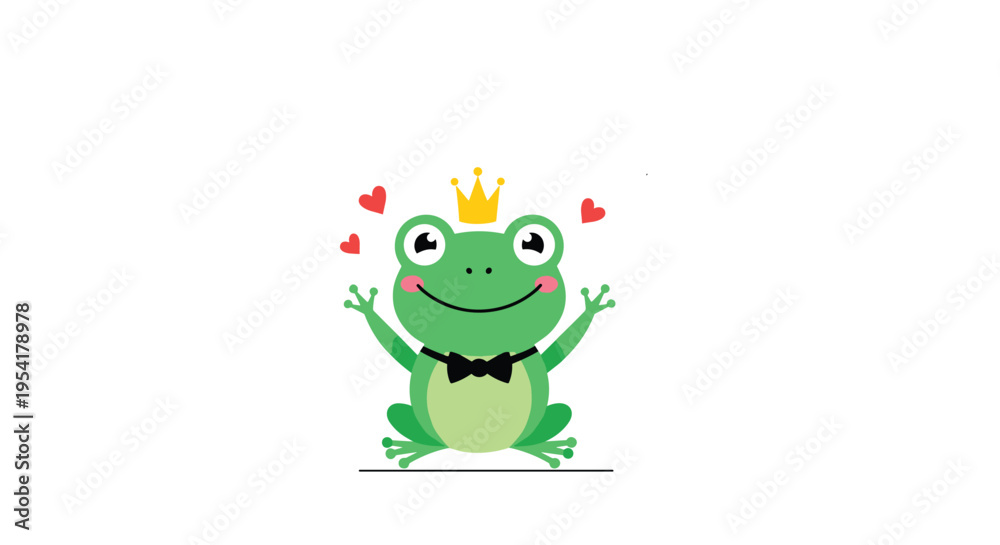 Obraz premium Cute green frog prince wearing a golden crown and a black bow tie sitting happily with hearts around it on white background.