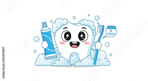 Cheerful cartoon tooth character holding a toothbrush and toothpaste tube while surrounded by soap bubbles and a calendar icon.