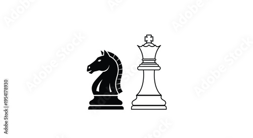A black knight and a white outlined king chess piece are displayed side-by-side on a white background.