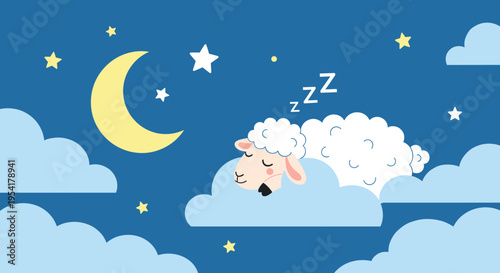 Cute little sheep peacefully sleeping on a soft blue cloud in a starry night sky with a yellow crescent moon.