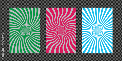 Colorful radial twirl vector backgrounds.Three vibrant swirling radial gradient backgrounds in green red and blue tones are displayed high-quality