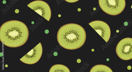 Vibrant seamless pattern of sliced kiwi fruits and green dots scattered on a dark black background for a fresh look.