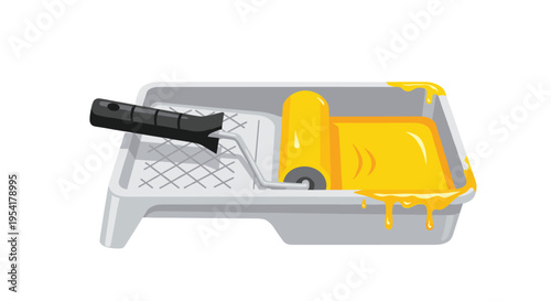 A paint roller with a black handle sits in a grey tray filled with yellow paint on a white background.